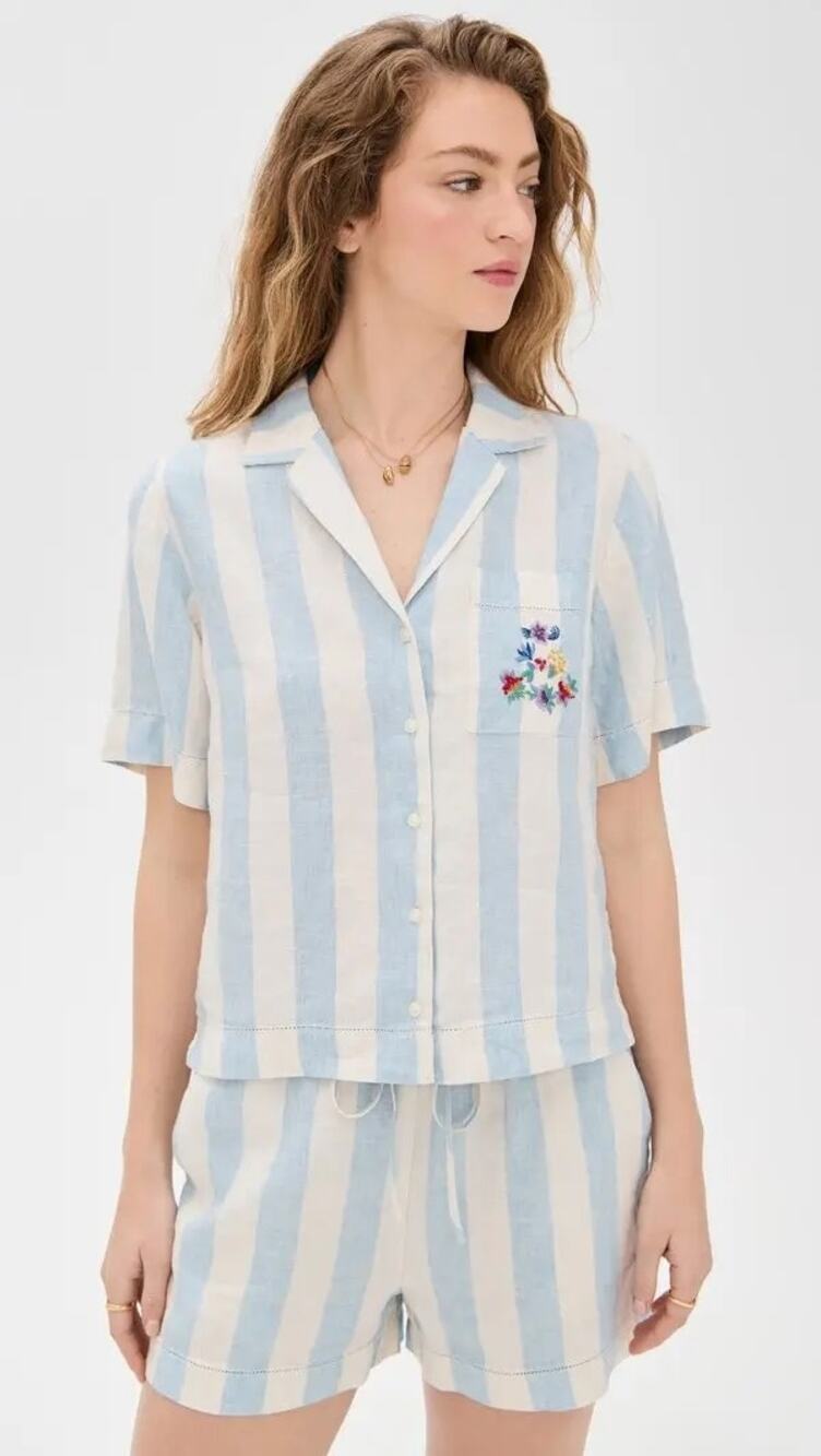 Birds of Paradis Nico Shirt Blue White Stripe Boxy Button Up Trovata NWT XS